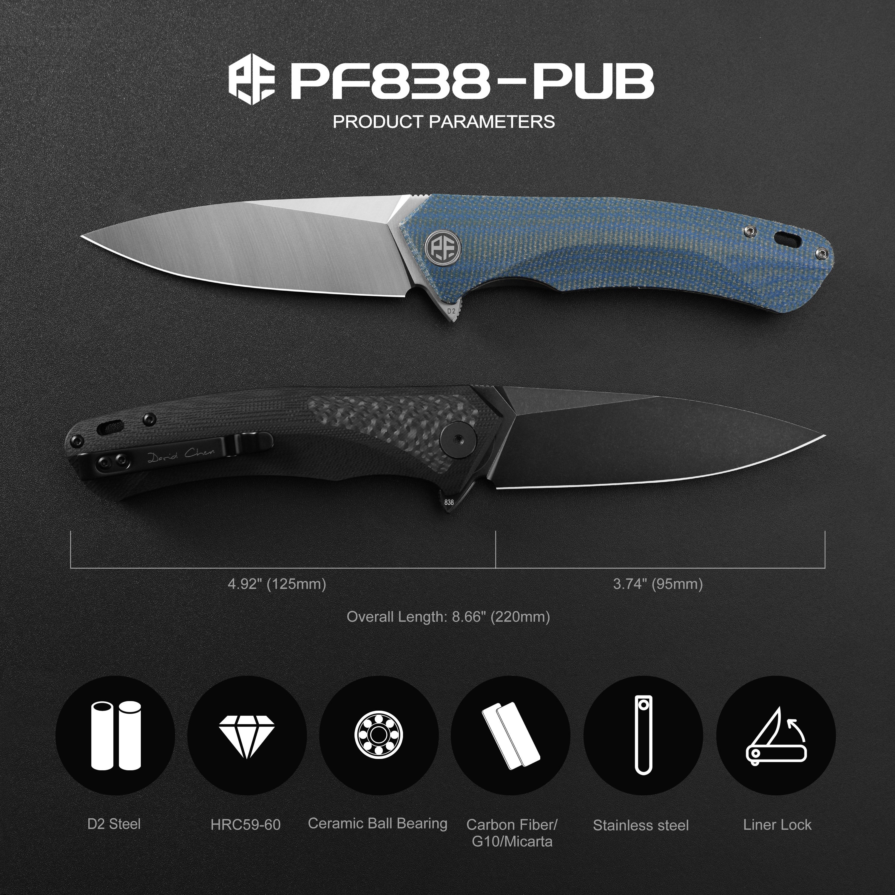 Petrified Fish PF838 Pub,3.74"D2 Steel Blade,G10/Micarta/G10+Carbon Fiber Handle, Flipper Liner lock Folding knife