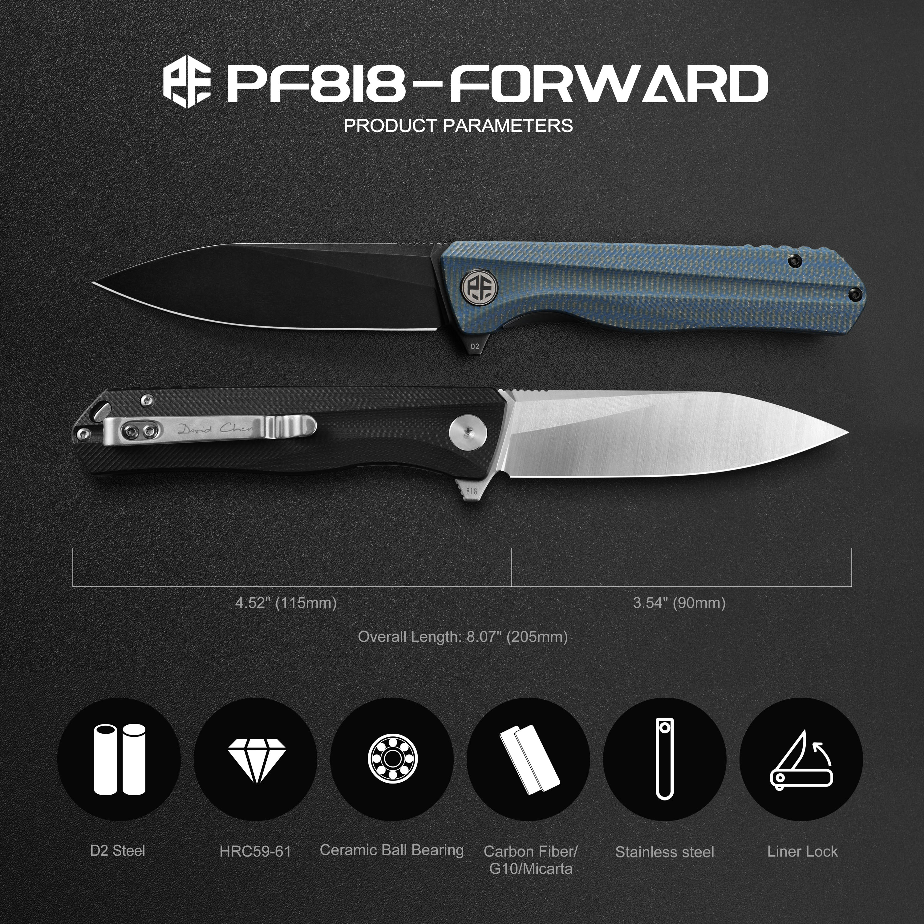 Petrified Fish PF818-Forward,3.54"D2 Steel Blade,G10/Micarta/G10+Carbon Fiber Handle, Flipper Liner lock Folding knife