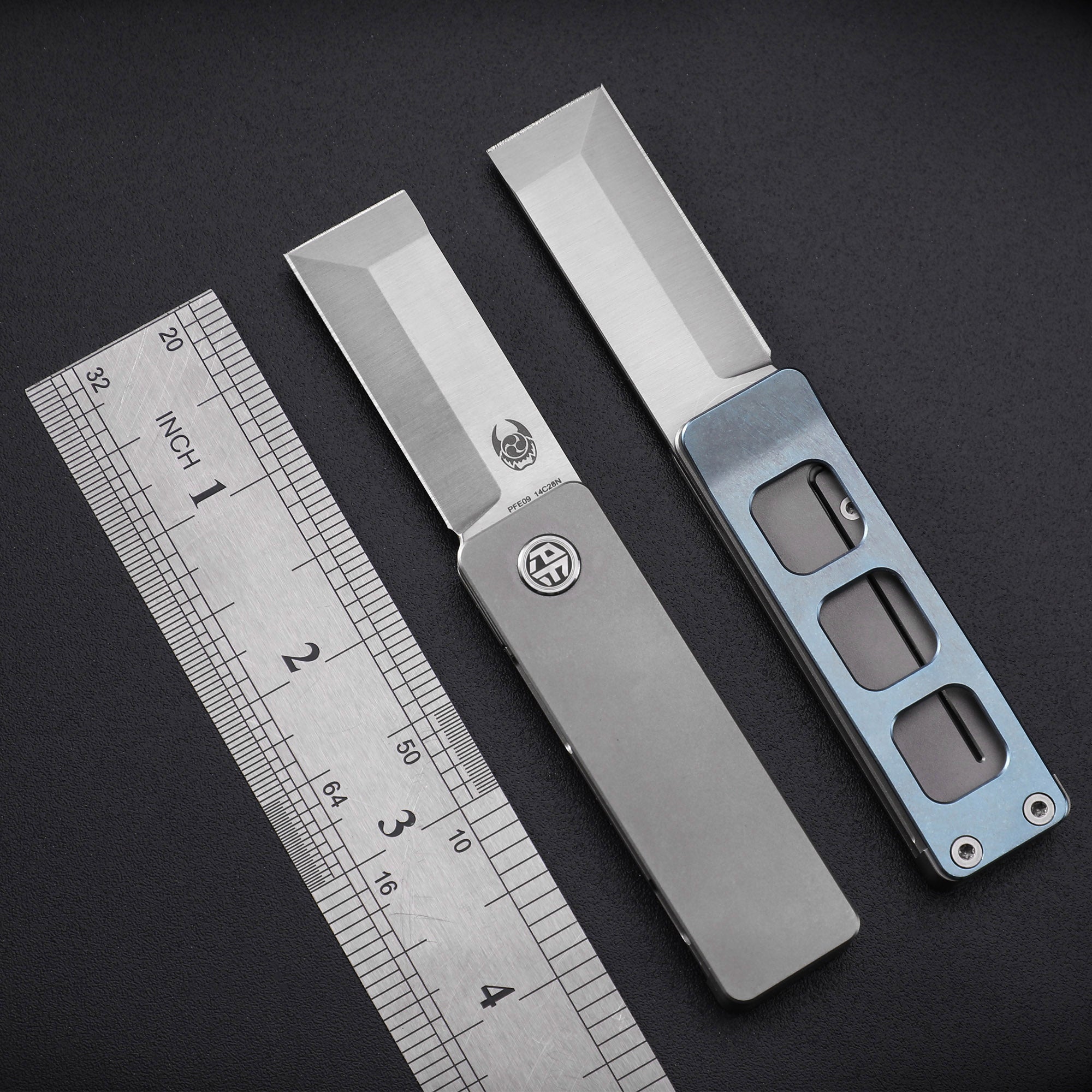 Petrified Fish PFE09 Cash ,1.81" 14C28N Satin/Black Stonewashed Blade, 48g Titanium Handle Front Flipper Folding knife