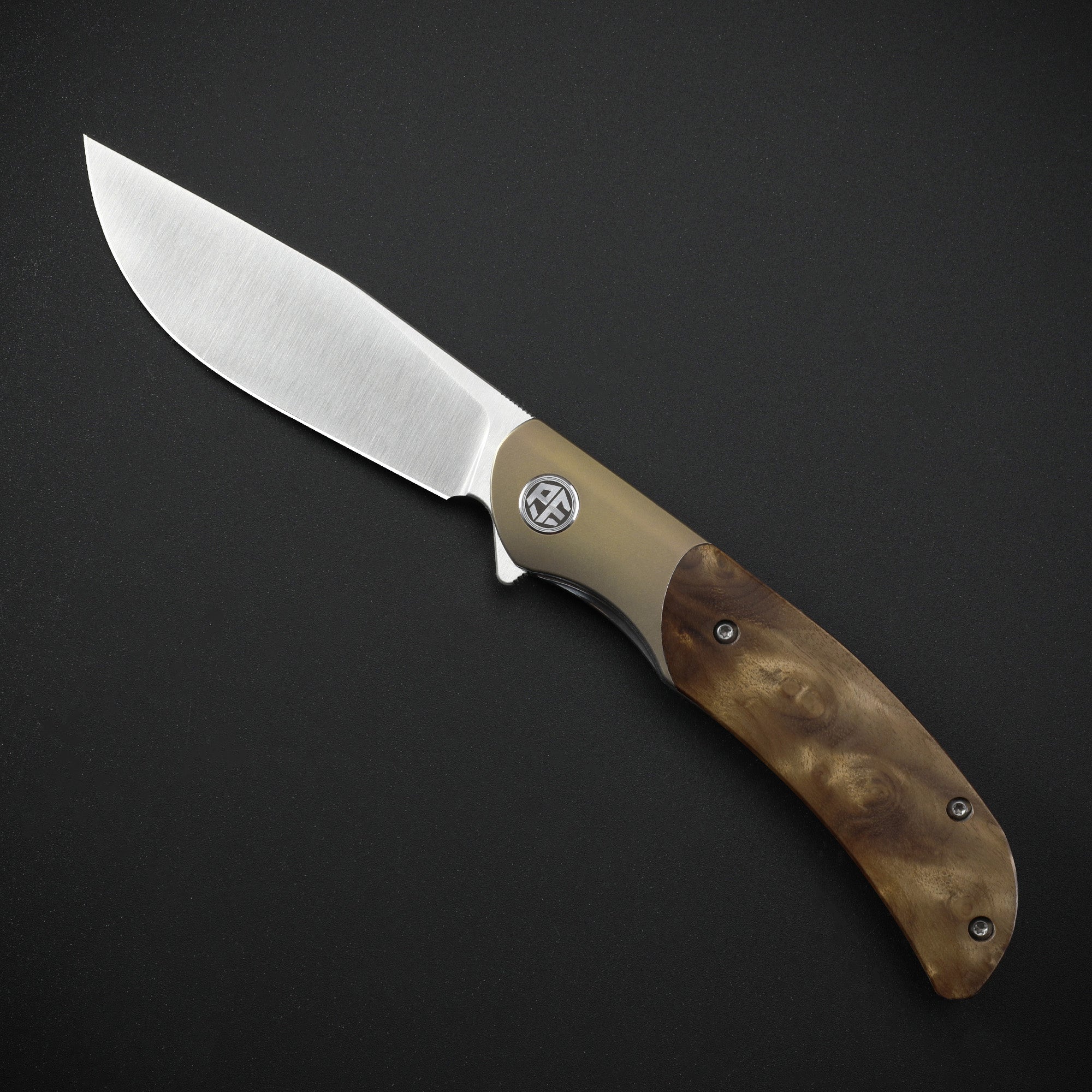Petrified Fish PFP09 Hourglass,3.54" K110 Satin Blade,110g Wood Handle Flipper Liner Lock Folding Knife