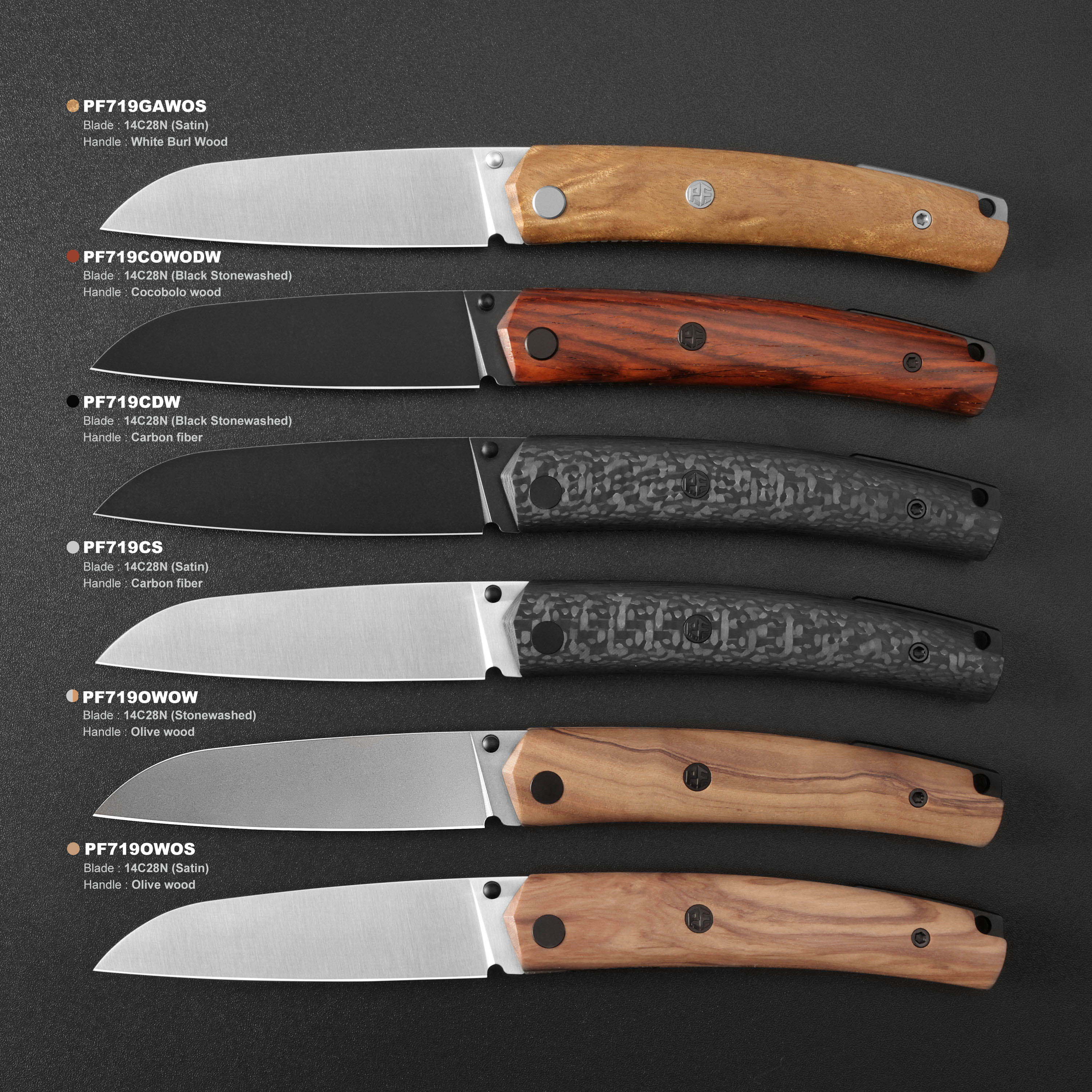 Petrified Fish PF719 V2-Patte,3.43"14C28N Steel Blade,Olive Wood/Carbon Fiber Handle,Thumb Stud Liner Lock Folding knife