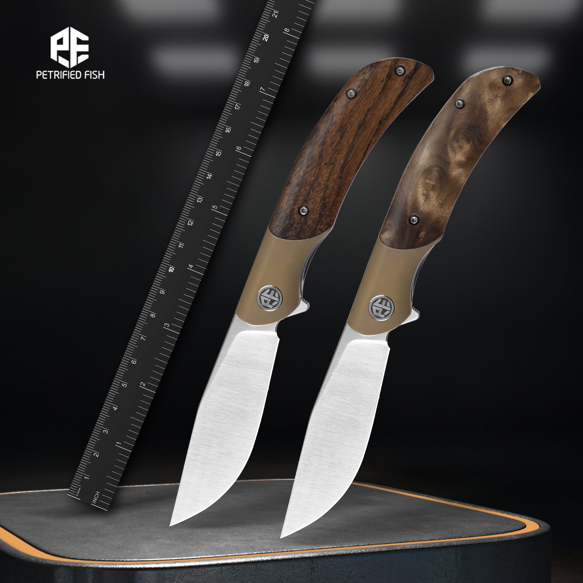 Petrified Fish PFP09 Hourglass,3.54" K110 Satin Blade,110g Wood Handle Flipper Liner Lock Folding Knife