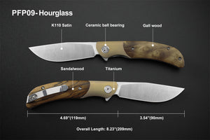 Petrified Fish PFP09 Hourglass ,3.54" K110 Satin Blade, 110g Wood Handle Flipper Liner lock Folding knife
