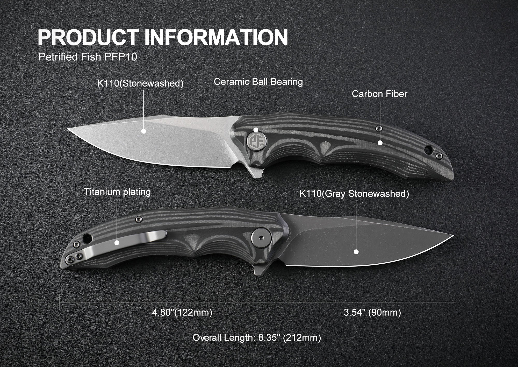 Petrified Fish PFP10 Hairtail ,3.54" K110 Steel Blade, 149g Micarta/Carbon Fiber Handle, Flipper Liner lock Folding knife