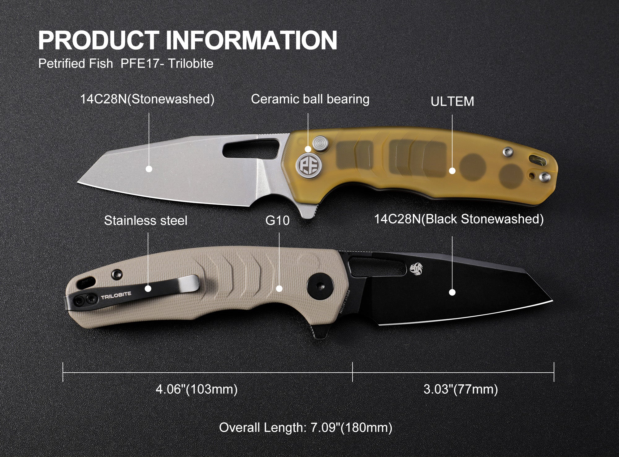 Petrified Fish PFE17-Trilobite , 3.03" 14C28N Steel Blade, G10/ULTEM Handle, Flipper Button lock Folding knife