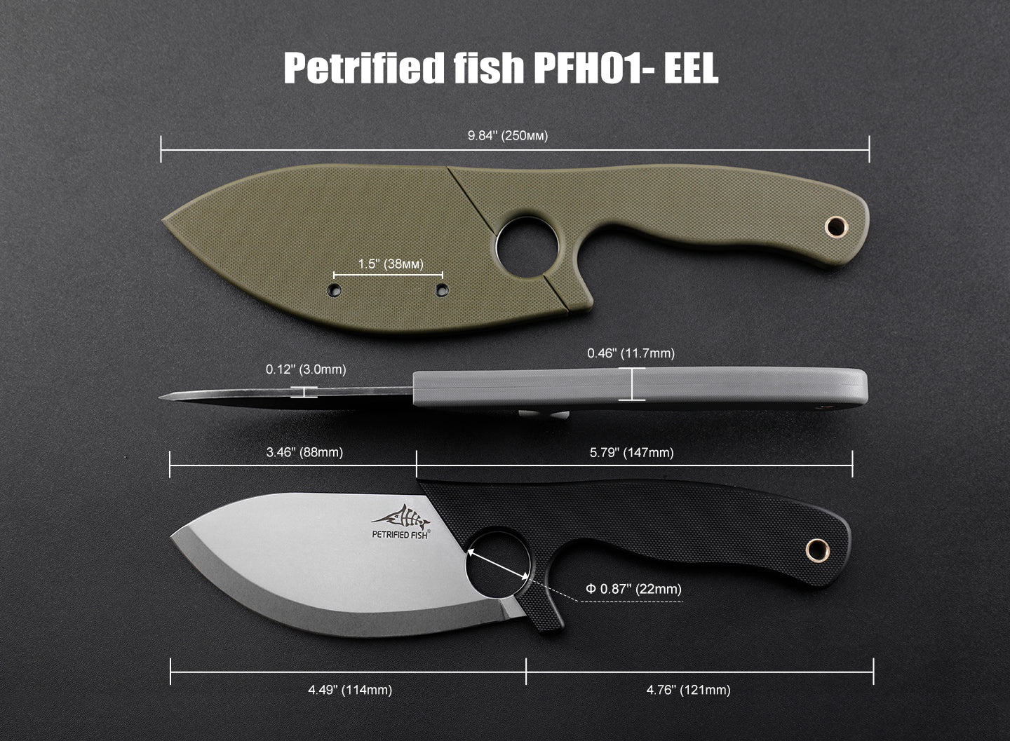 Petrified Fish PFH01 EEL , 3.46" 9CR18MOV Steel Blade, G10 Handle, Multifunctional Fixed Blade knife