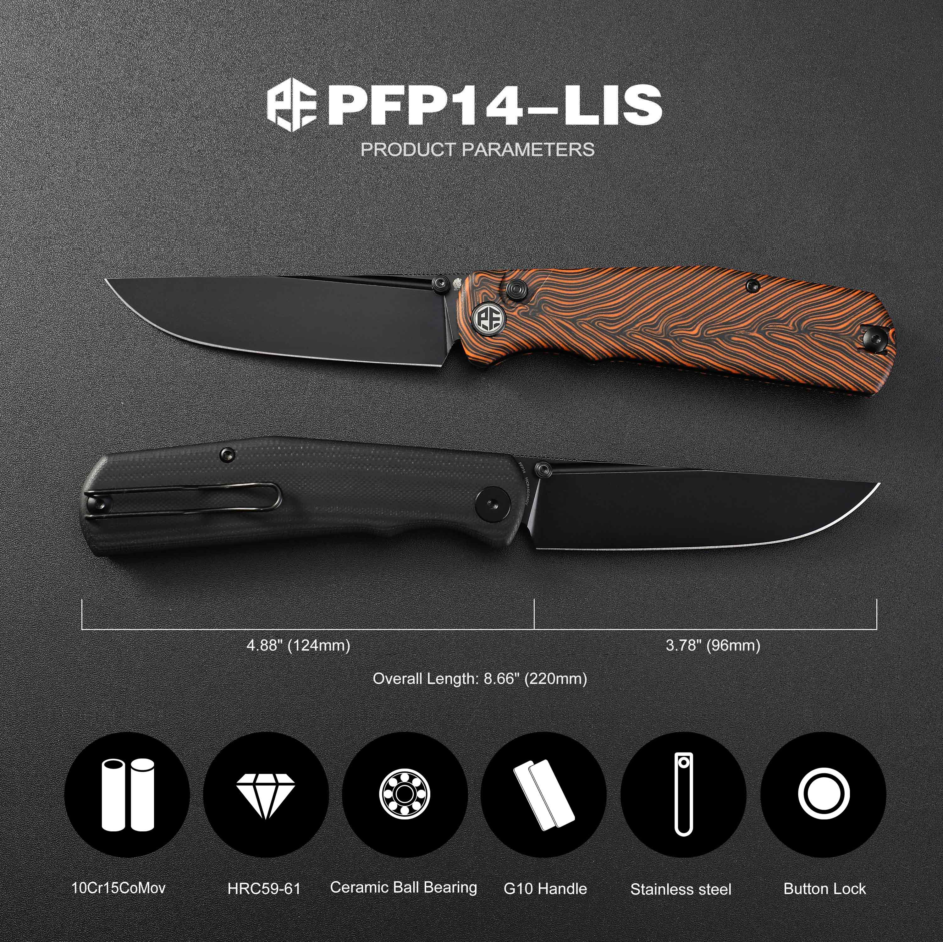 Petrified Fish PFP14 - Lis, 3.90" 10Cr15CoMov Steel Blade, G10 Handle, Button Lock Folding knife