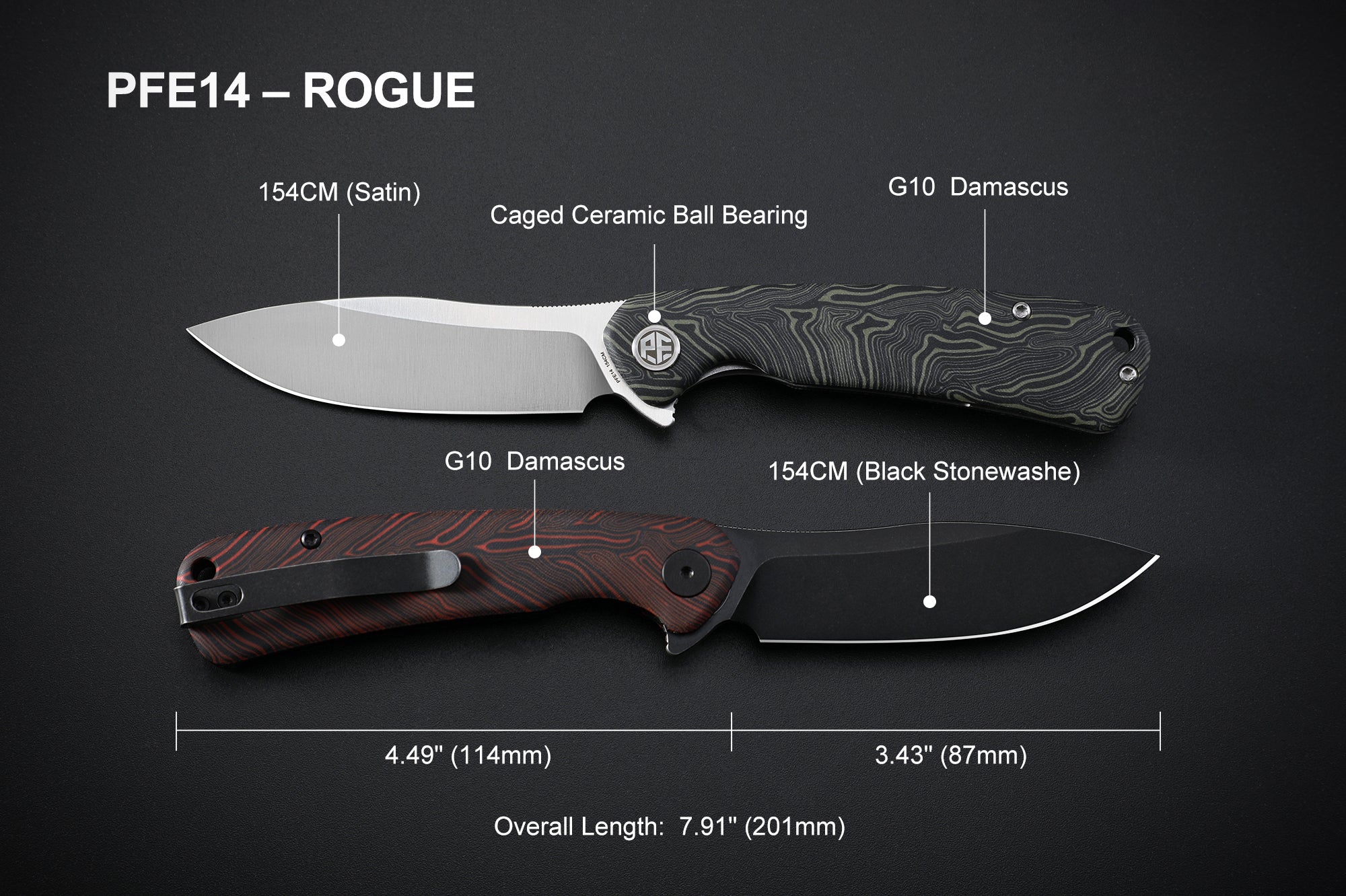Petrified Fish PFE14 Rogue ,3.43" 154CM Steel Blade, 114g G10 Handle, Flipper Liner lock Folding knife