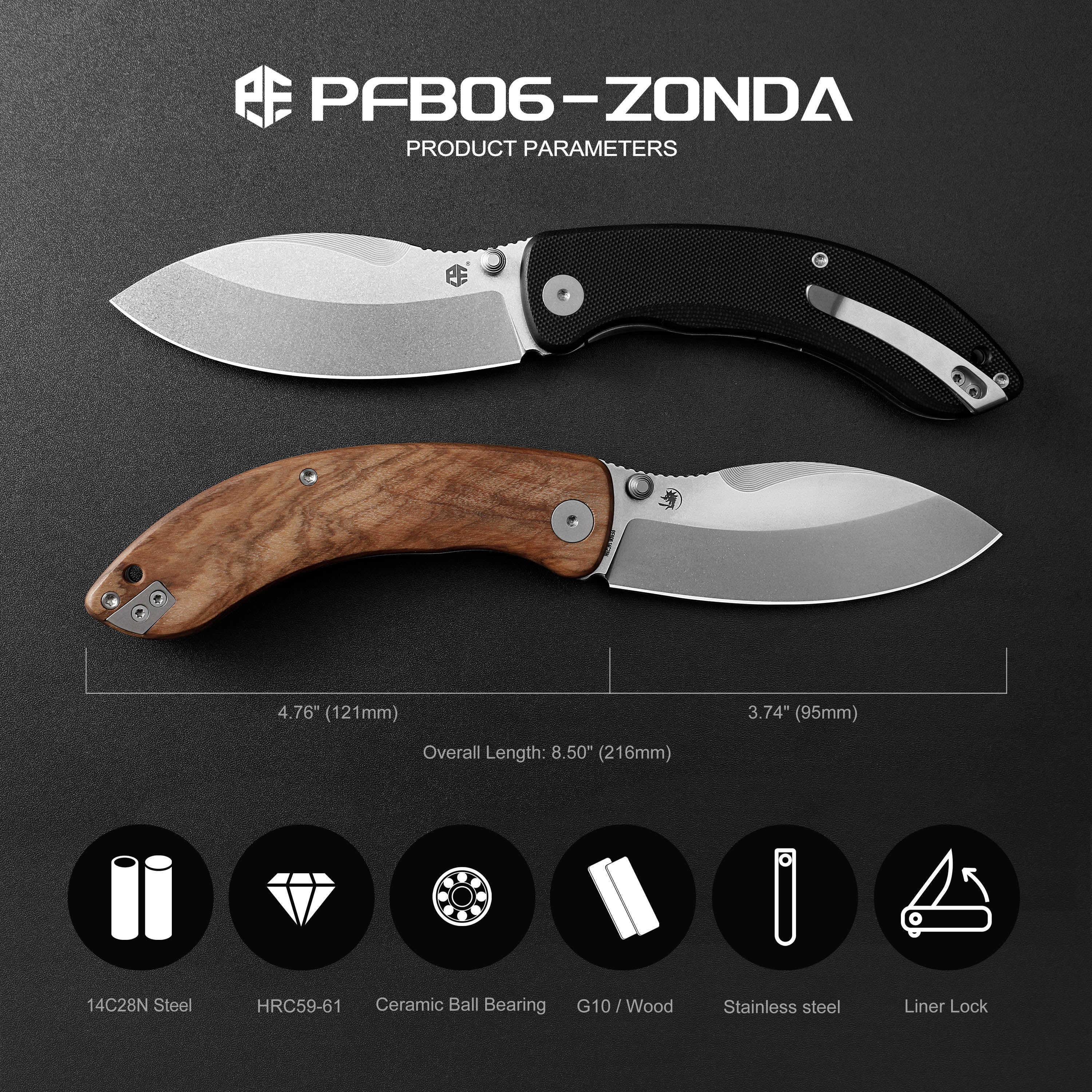 Petrified Fish PFB06 - Zonda, 3.74" 14C28N Steel Blade, G10/Wood Handle, Liner Lock Folding knife