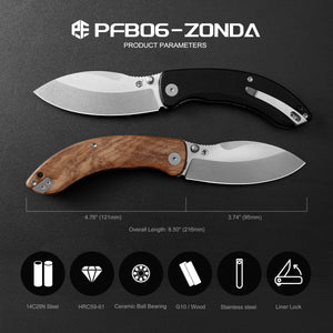 Petrified Fish PFB06 - Zonda, 3.74" 14C28N Steel Blade, G10/Wood Handle, Liner Lock Folding knife