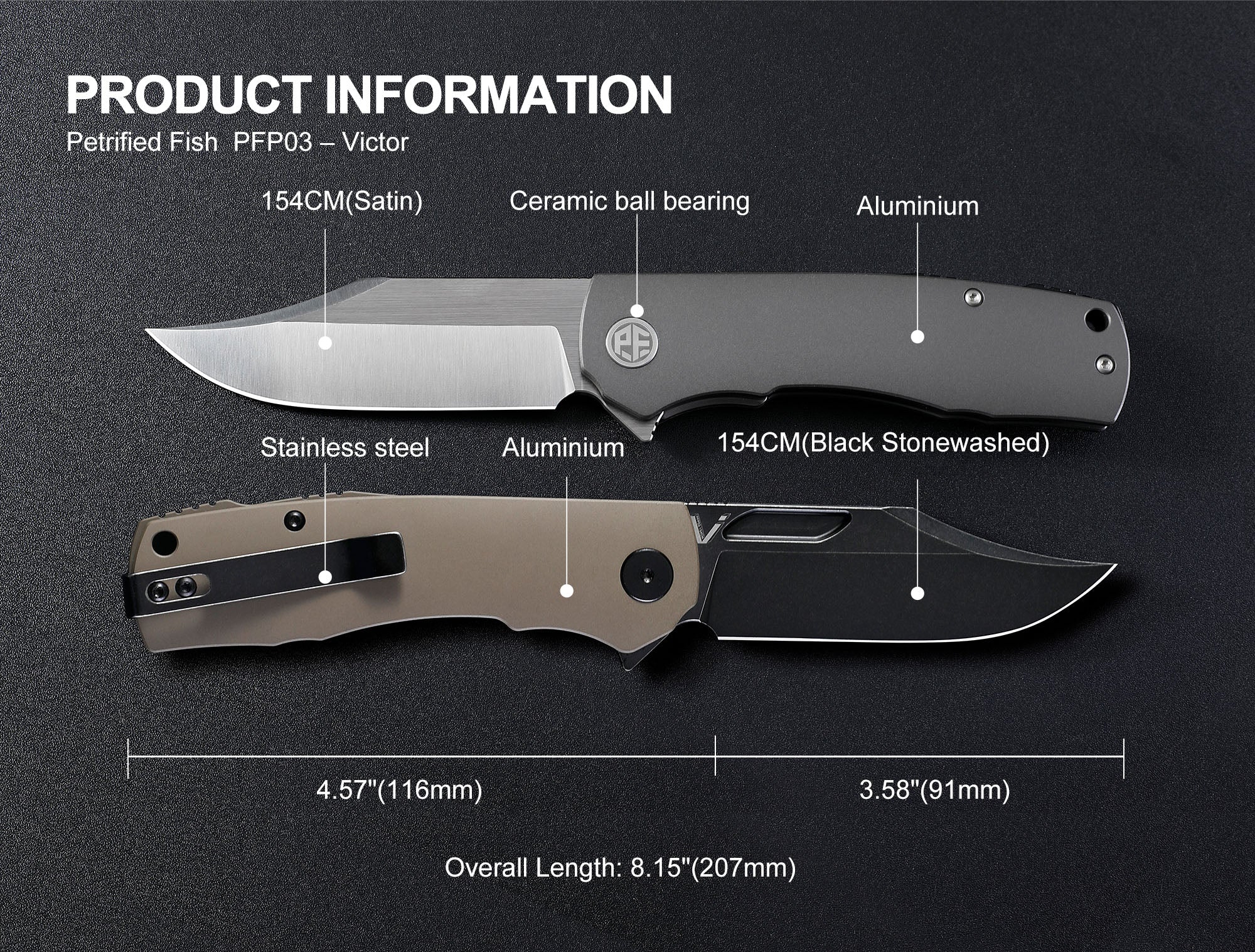 Petrified Fish PFP03 Victor, 3.58" 154CM Steel Blade, Aluminium Handle,Flipper Liner lock Folding knife