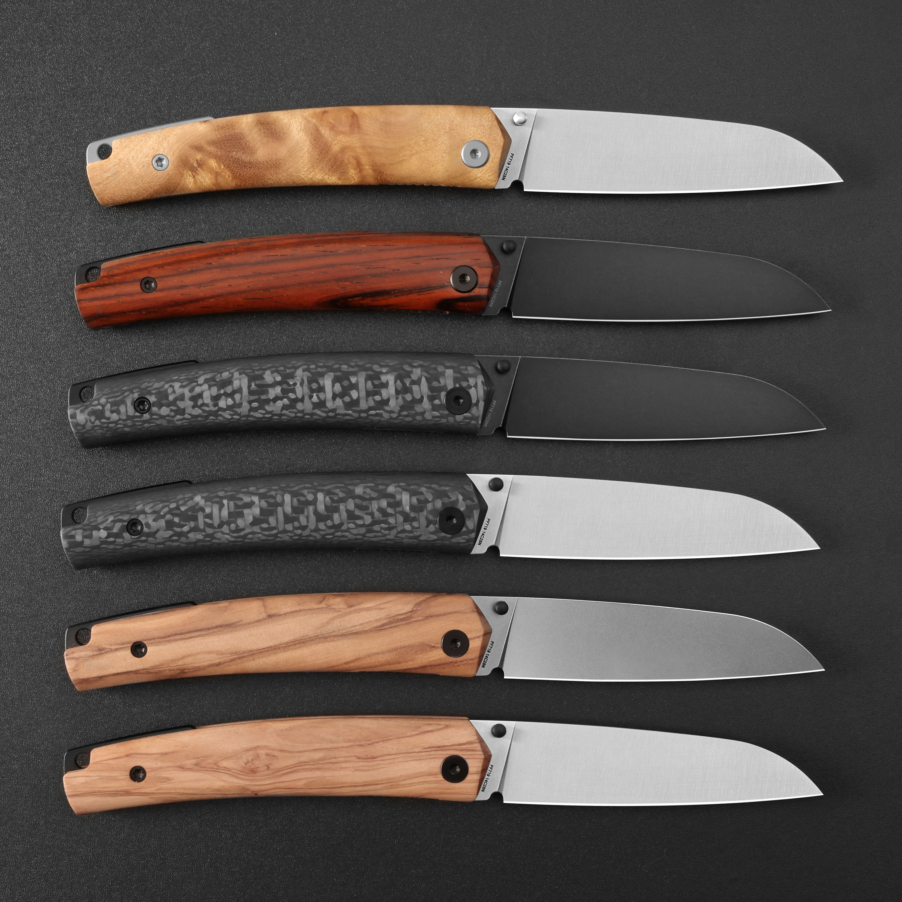 Petrified Fish PF719 V2-Patte,3.43"14C28N Steel Blade,Olive Wood/Carbon Fiber Handle,Thumb Stud Liner Lock Folding knife