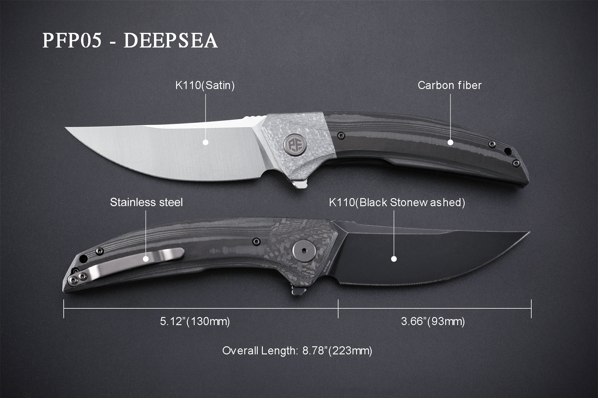 Petrified Fish PFP05 Deepsea ,3.66” K110 Blade,Carbon fiber/Micarta Handle Flipper Liner lock Folding knife