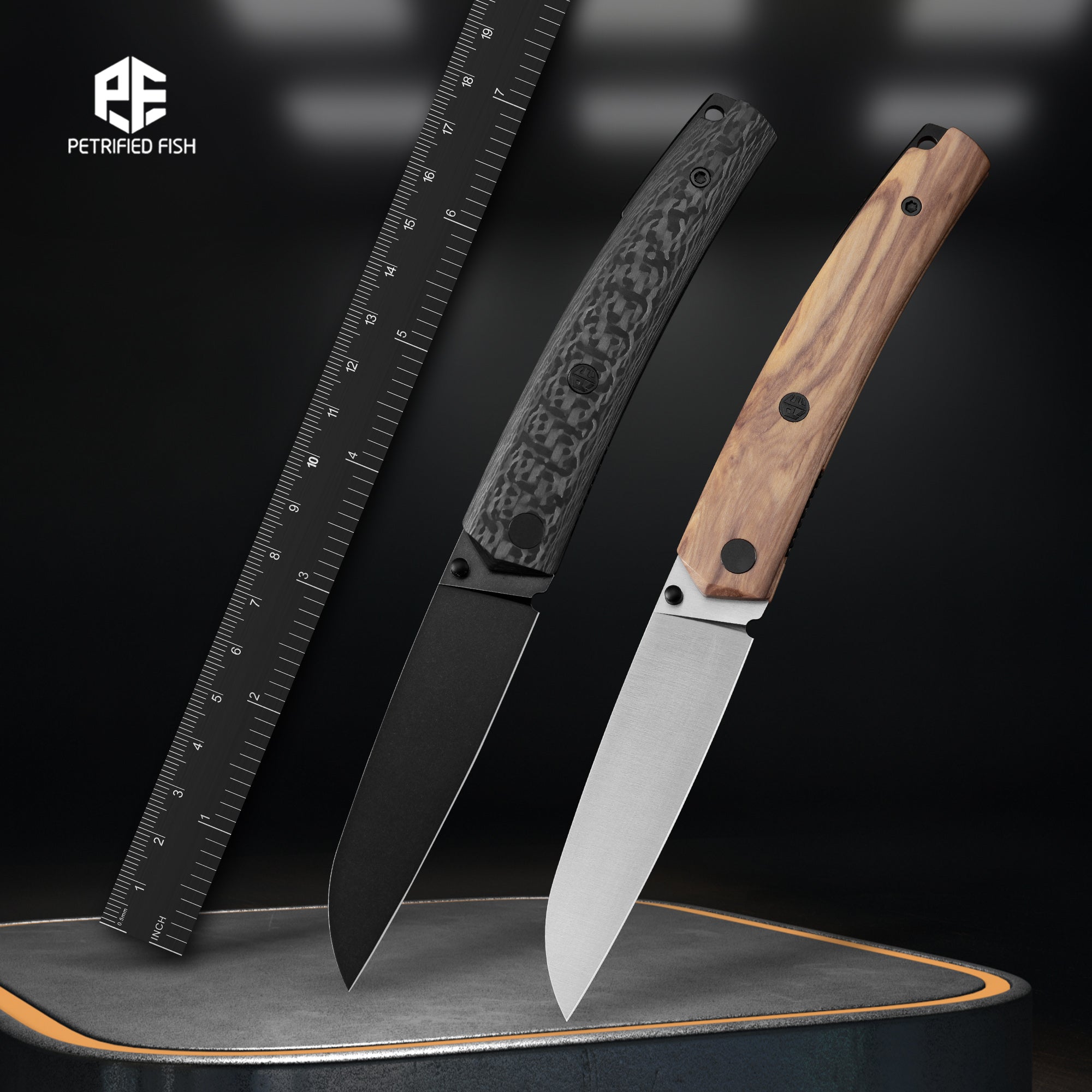Petrified Fish PF719 V2-Patte,3.43"14C28N Steel Blade,Olive Wood/Carbon Fiber Handle,Thumb Stud Liner Lock Folding knife