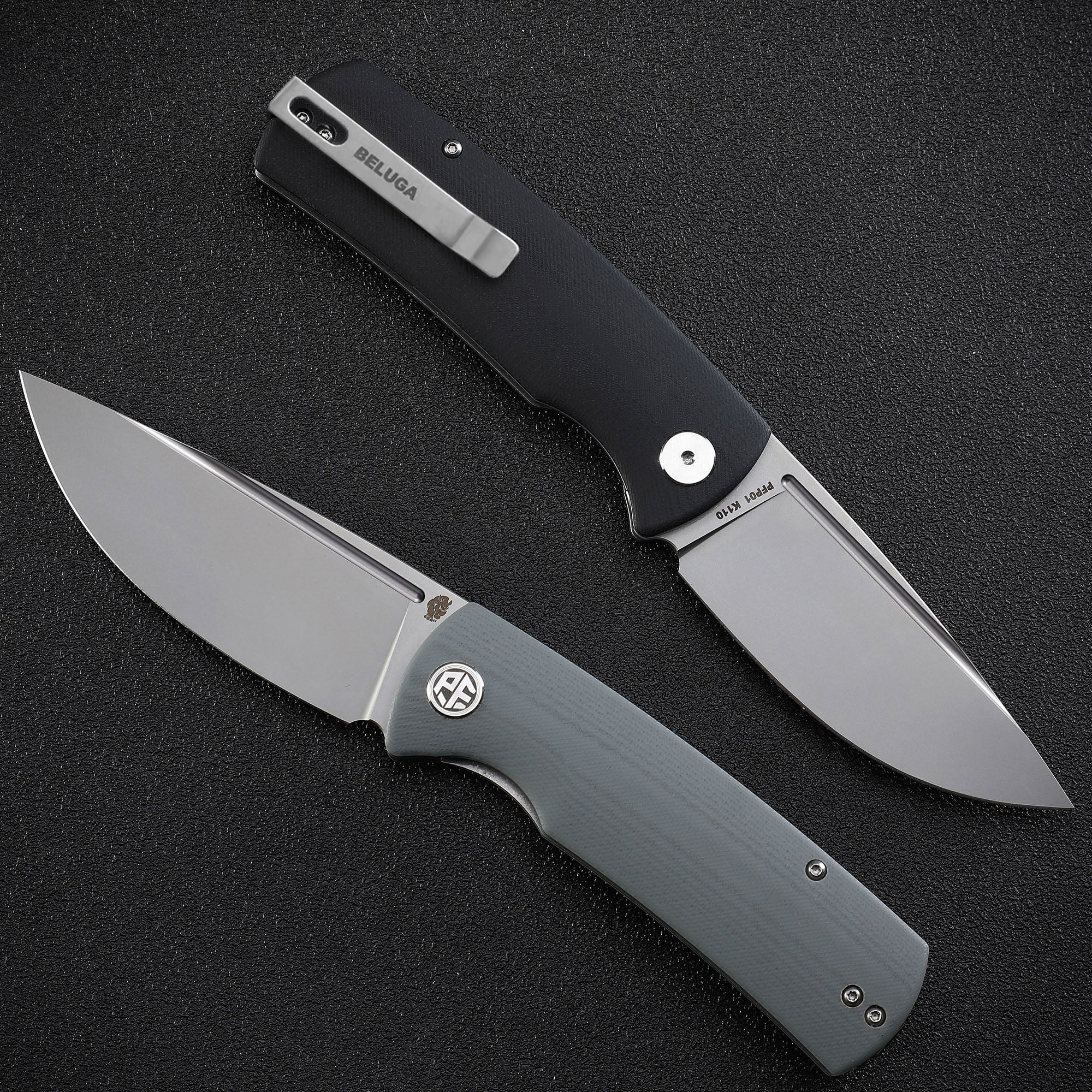Petrified Fish PFP01 Beluga ,3.62" K110 Black Sand blasting Blade,159g/142g  G10/Micarta Handle Front Flipper Liner lock Folding knife