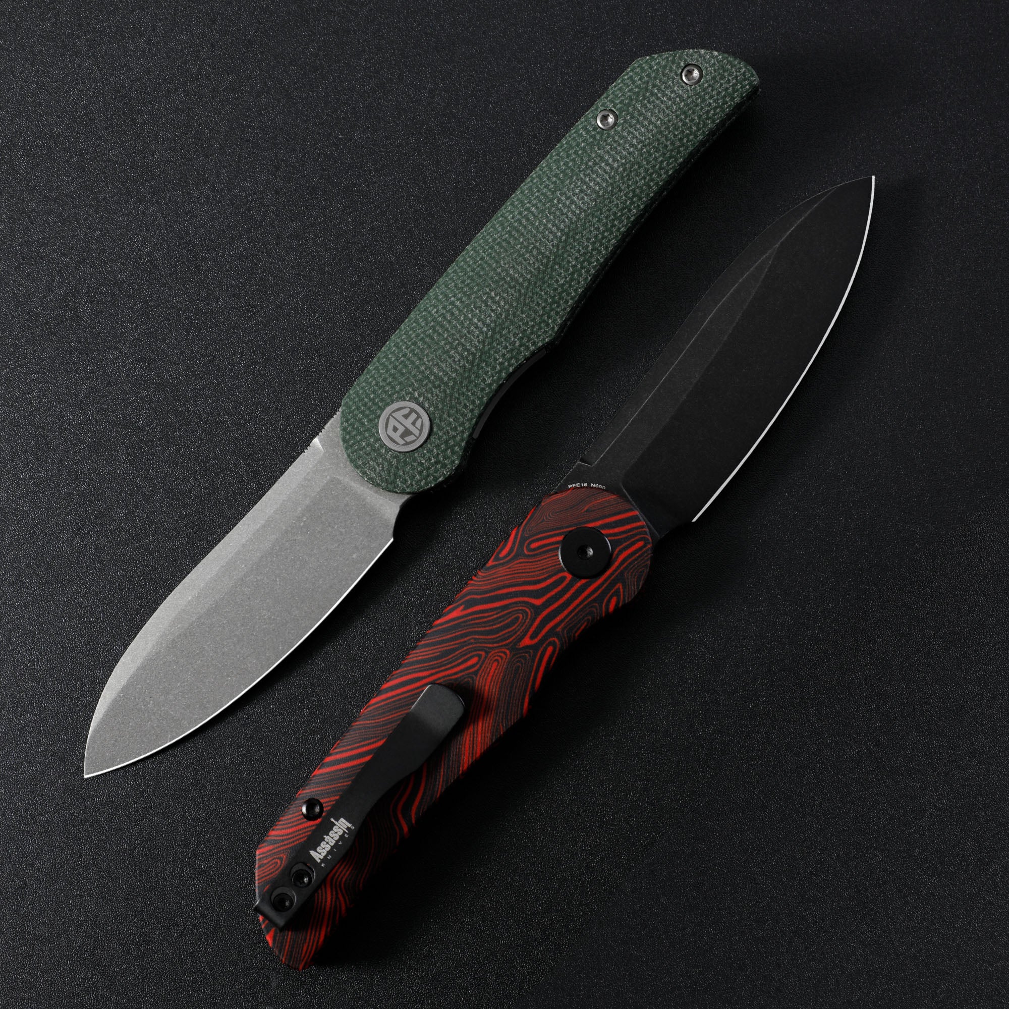 Petrified Fish PFE16 Elcamino , 3.15" N690 Steel Blade, Micarta/Gmascus/Aluminum Handle, Front Flipper Liner lockFolding knife