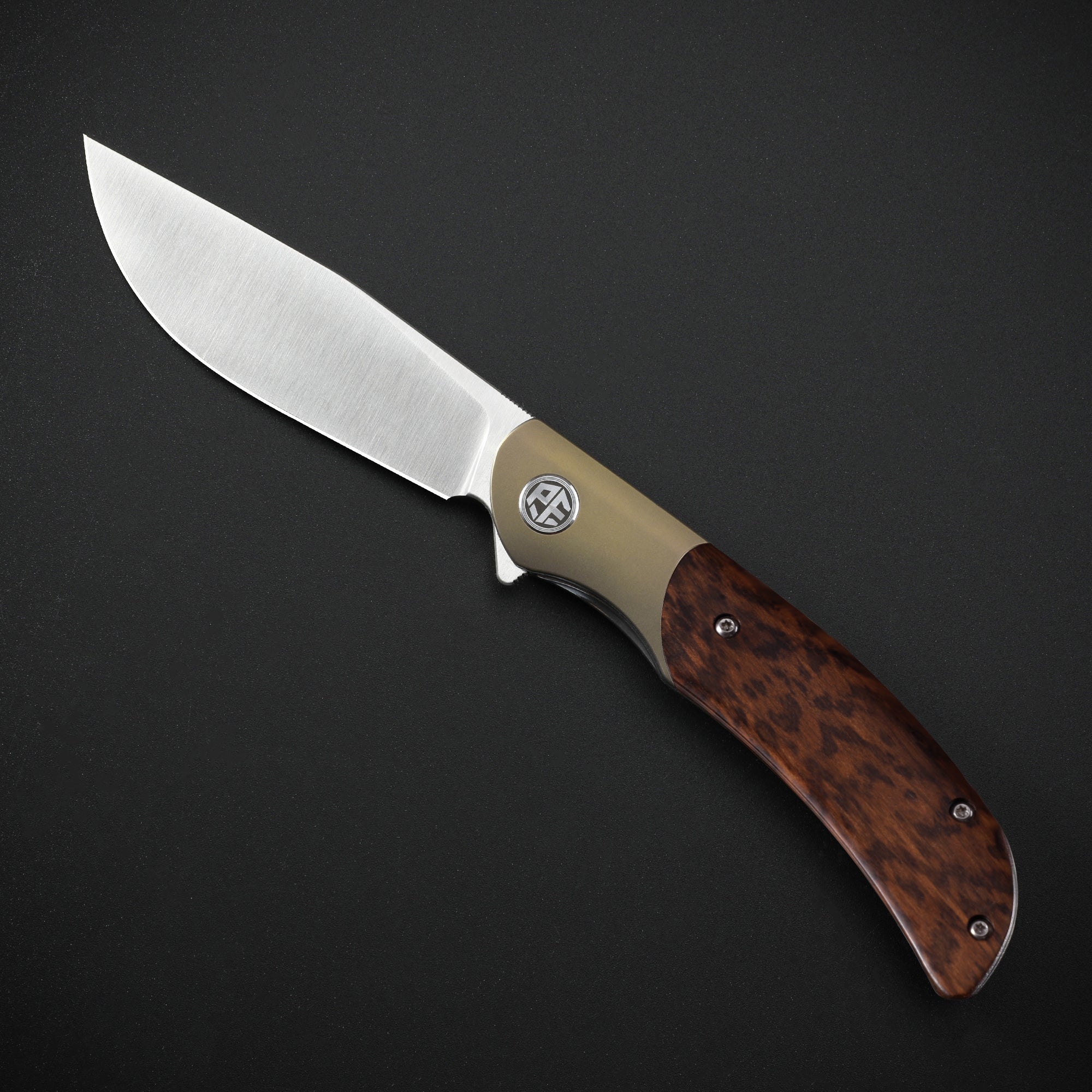 Petrified Fish PFP09 Hourglass ,3.54" K110 Satin Blade, 110g Wood Handle Flipper Liner lock Folding knife