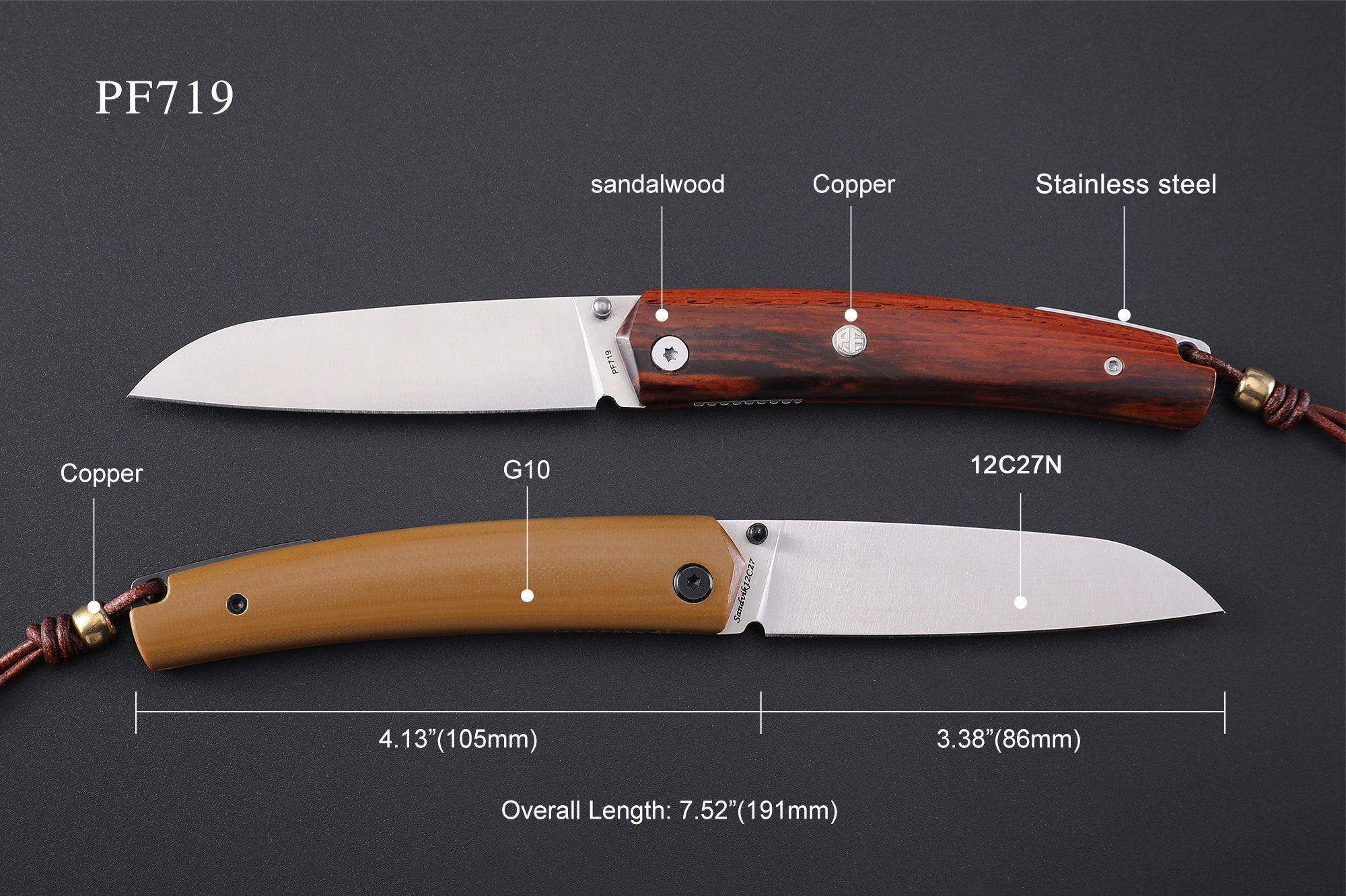 PF719 Thumb stud knife（87mm 12C27）Wood/G10 Handle