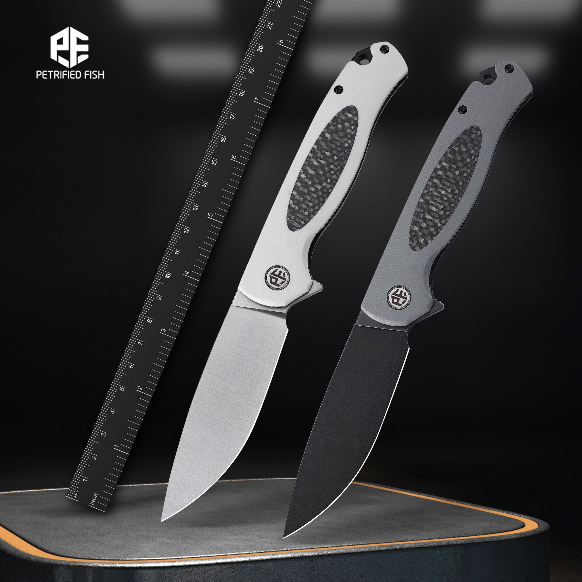 Petrified Fish PFB03 Stamp,3.58" D2 Blade,136g G10&Carbon Fiber Handle Flipper Liner Lock Folding Knife