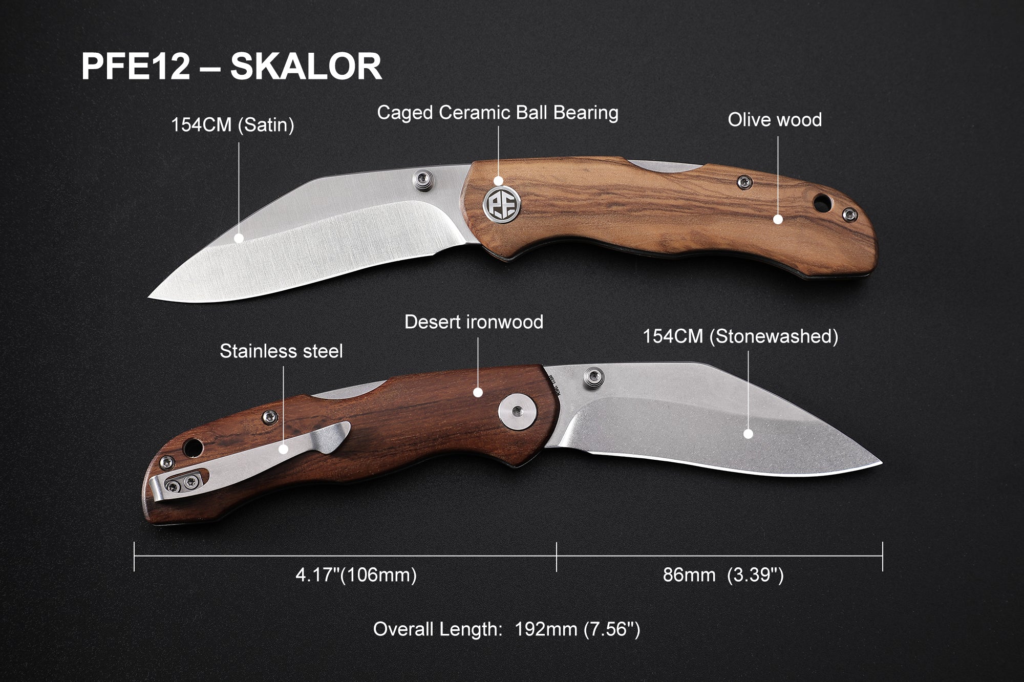 Petrified Fish PFE12 Skalor,3.39" 154CM Blade, 120g Olive Wood Handle Lock Back Folding knife