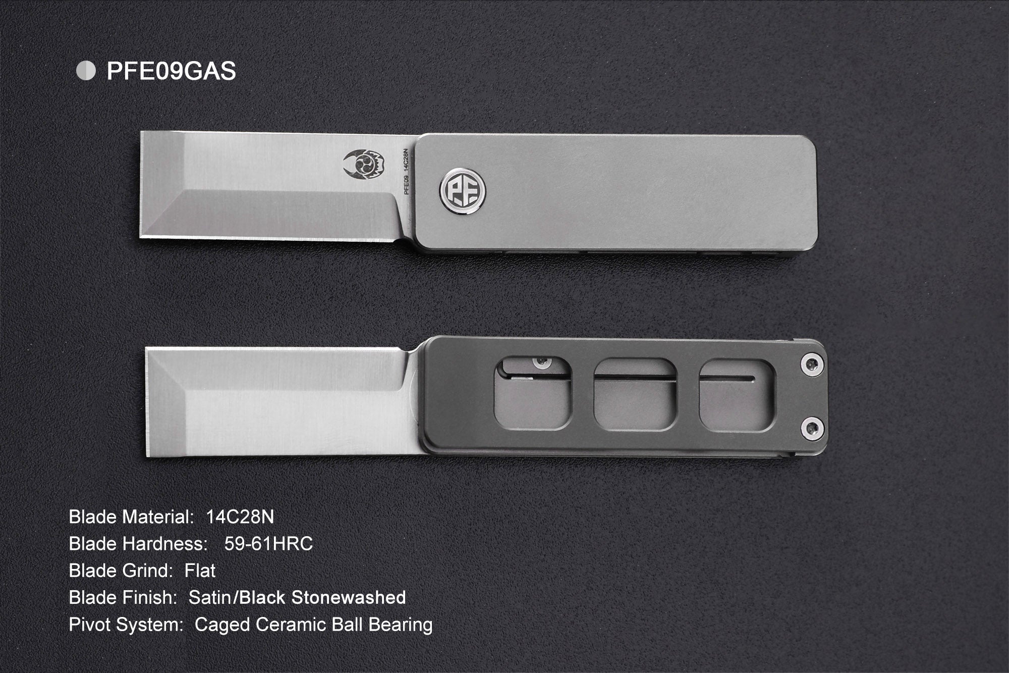 Petrified Fish PFE09 Cash ,1.81" 14C28N Satin/Black Stonewashed Blade, 48g Titanium Handle Front Flipper Folding knife