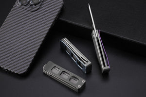 Petrified Fish PFE09 Cash ,1.81" 14C28N Satin/Black Stonewashed Blade, 48g Titanium Handle Front Flipper Folding knife