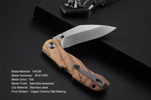 Petrified Fish PFE12 Skalor,3.39" 154CM Blade, 120g Olive Wood Handle Lock Back Folding knife