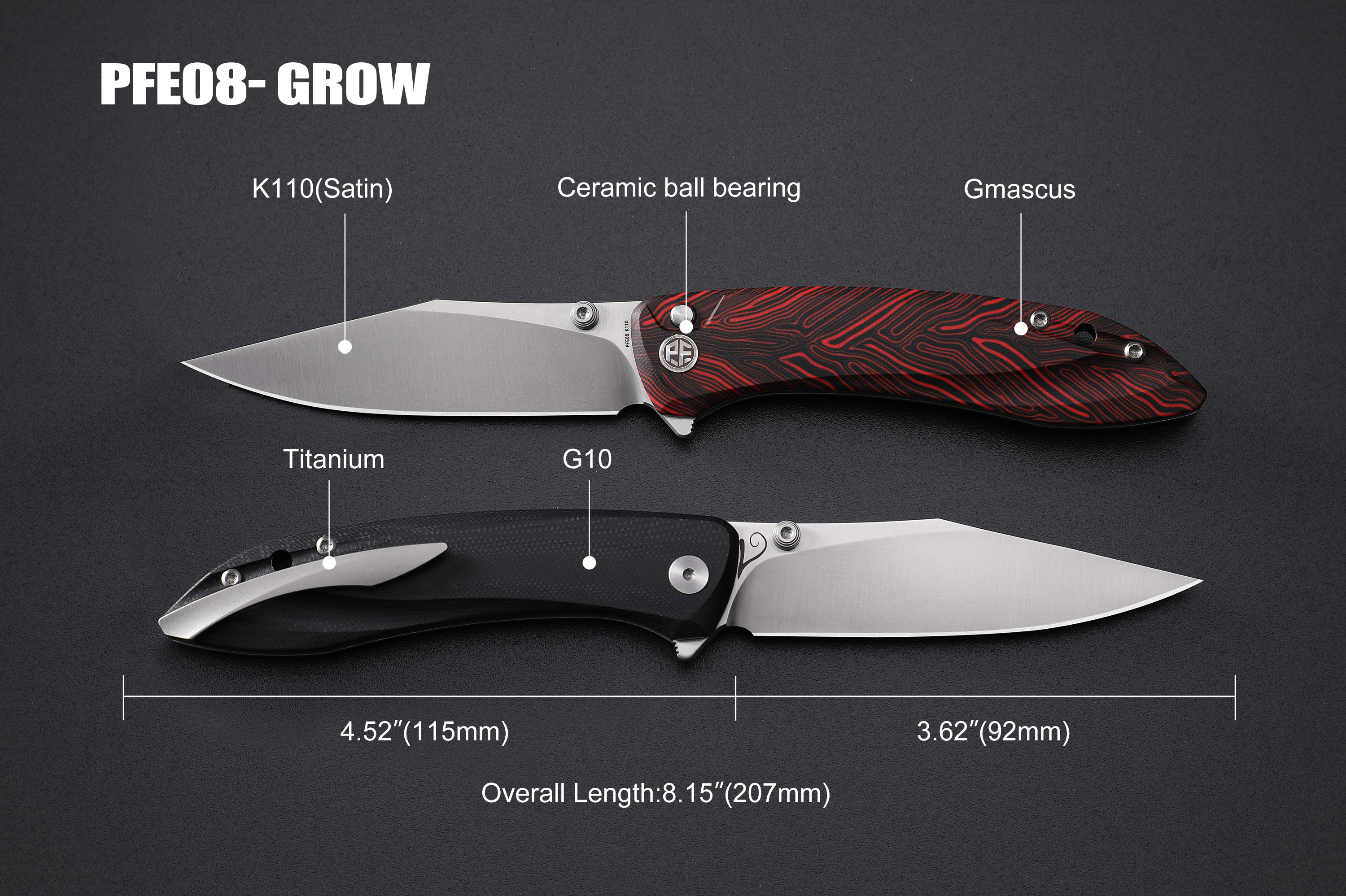 Petrified Fish PFE08 Grow ,3.62" K110 Satin Blade, 108g G10 Handle Button Lock Folding knife