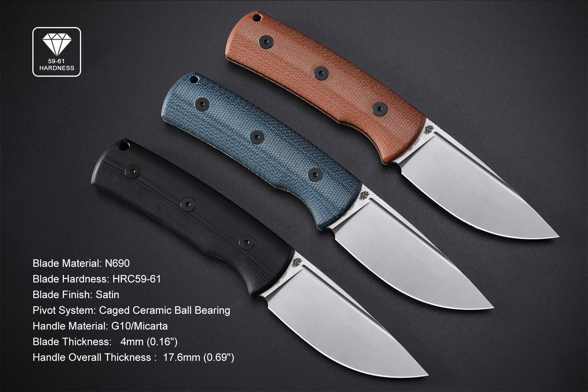 Petrified Fish PFP01F Beluga ,3.62" N690 Satin Blade, 166g G10/Micarta Handle Fixed Blade Knife