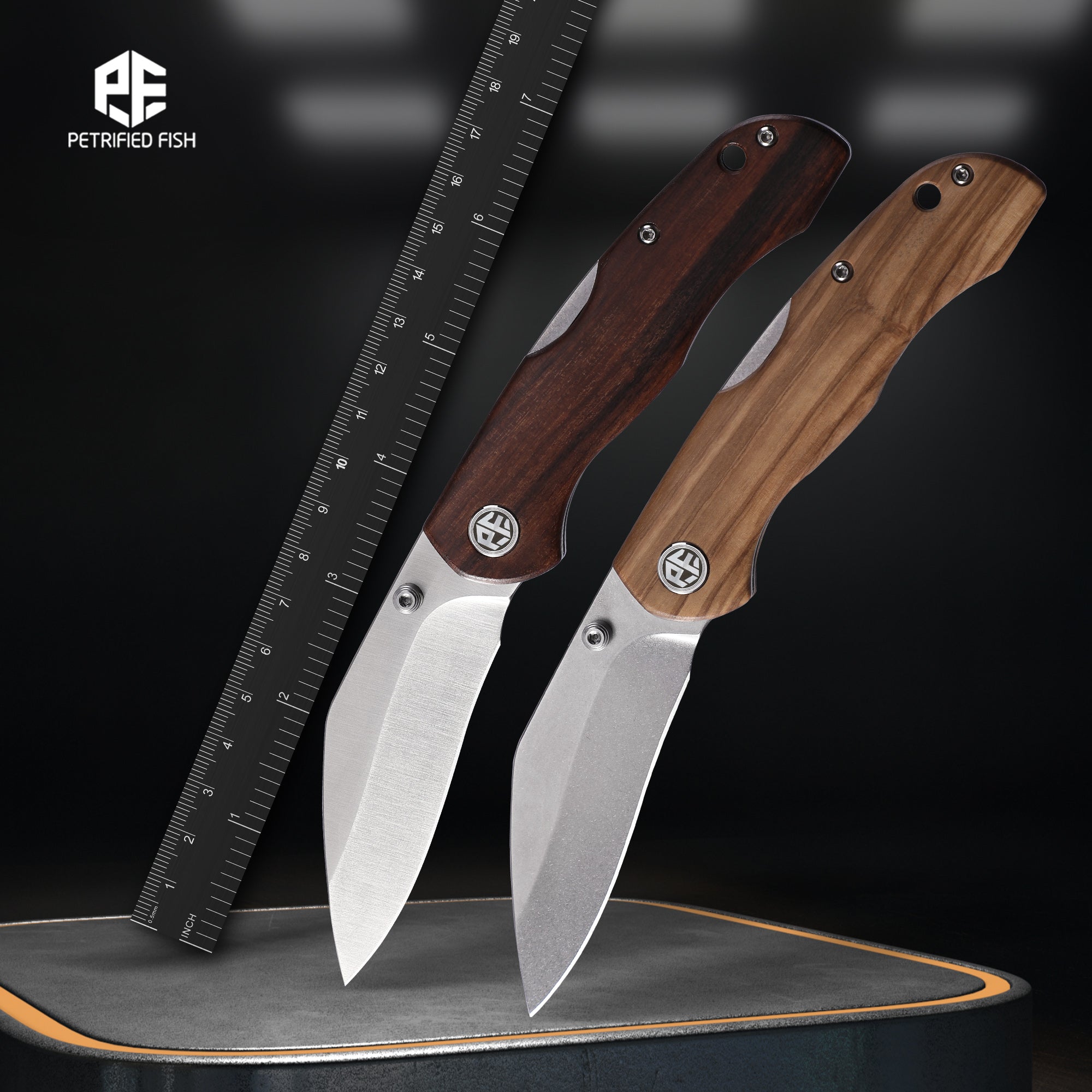 Petrified Fish PFE12 Skalor,3.39" 154CM Blade,120g Wood Handle,Thumb Stud Back Lock Folding Knife