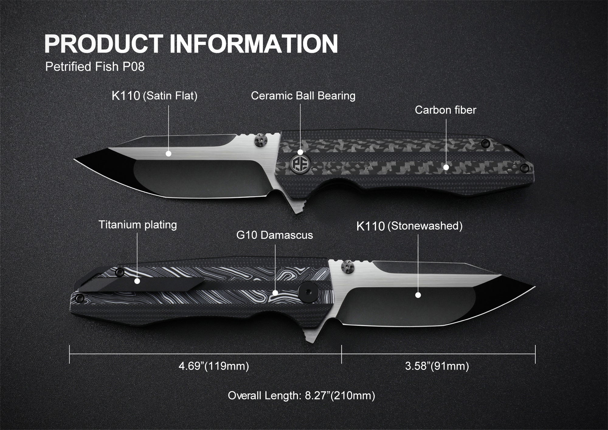 Petrified Fish PFP08 Mocado ,3.58" K110 Satin Blade, 160g G10 Handle Flipper Liner lock Folding knife