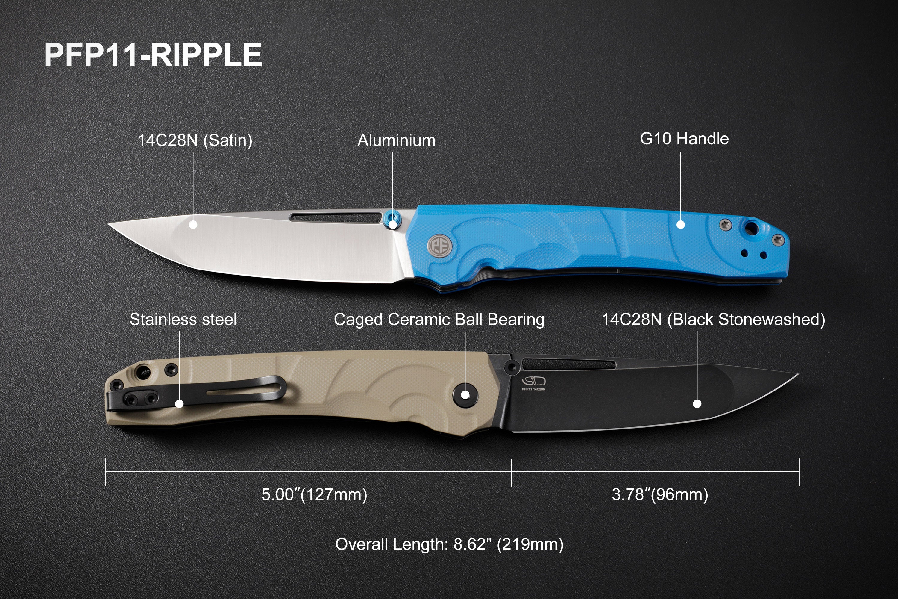 Petrified Fish PFP11- Ripple , 3.78" 14C28N Steel Hollow Blade, G10 Handle, Front Flipper Liner lock Folding knife