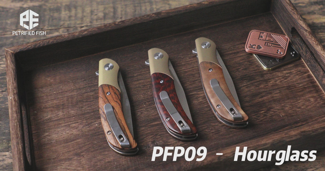 Petrified Fish PFP09 Hourglass ,3.54" K110 Satin Blade, 110g Wood Handle Flipper Liner lock Folding knife