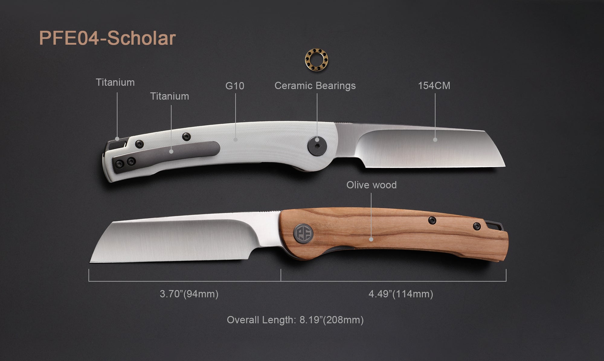 Petrified Fish PFE04 Scholar ,3.7" 154CM Satin/Stonewashed Blade,  Front Flipper Liner lock Folding knife