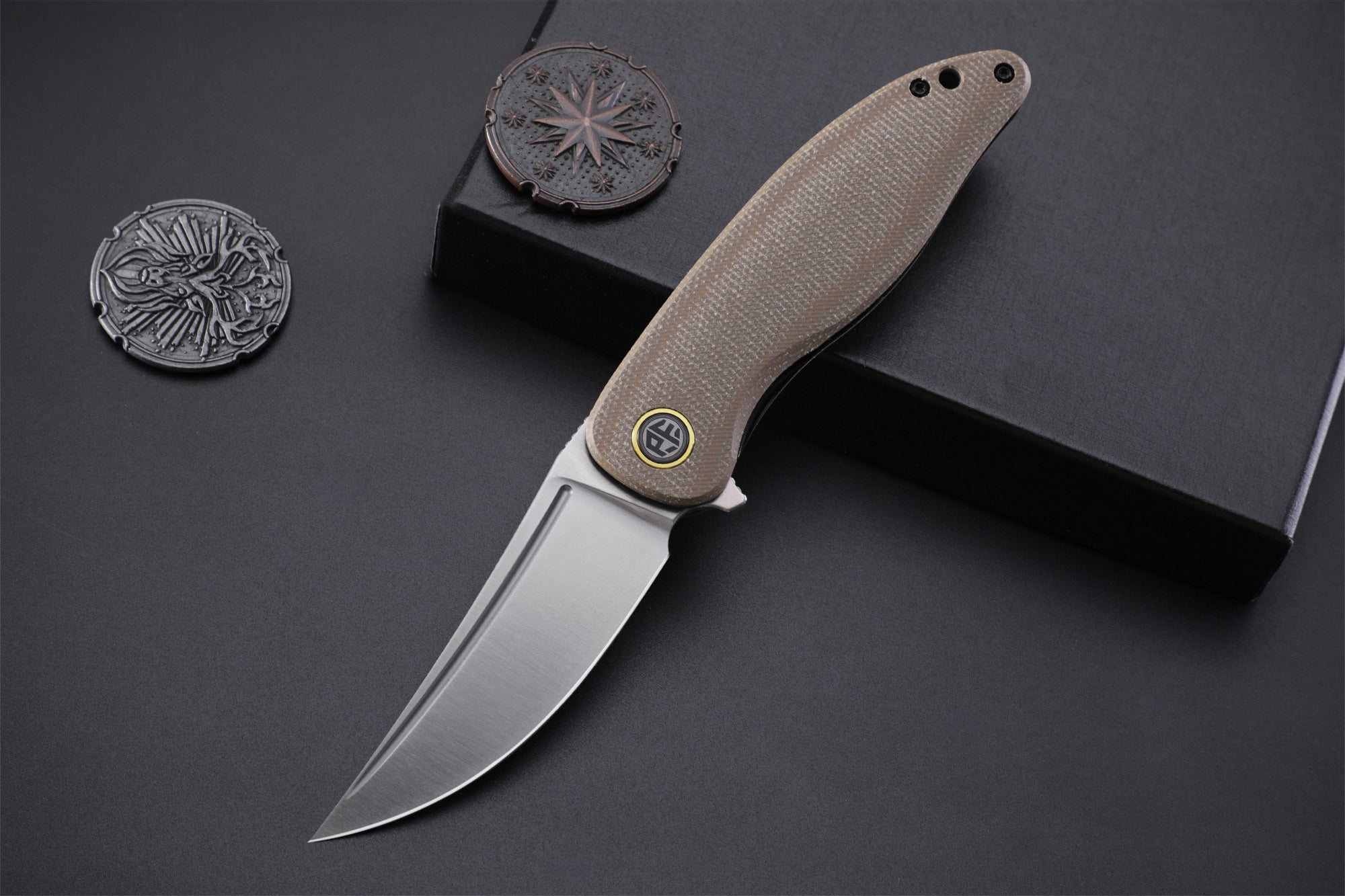 Petrified Fish PFP06 Simum ,3.50” K110 Blade, Micarta Handle Flipper Liner lock Folding knife