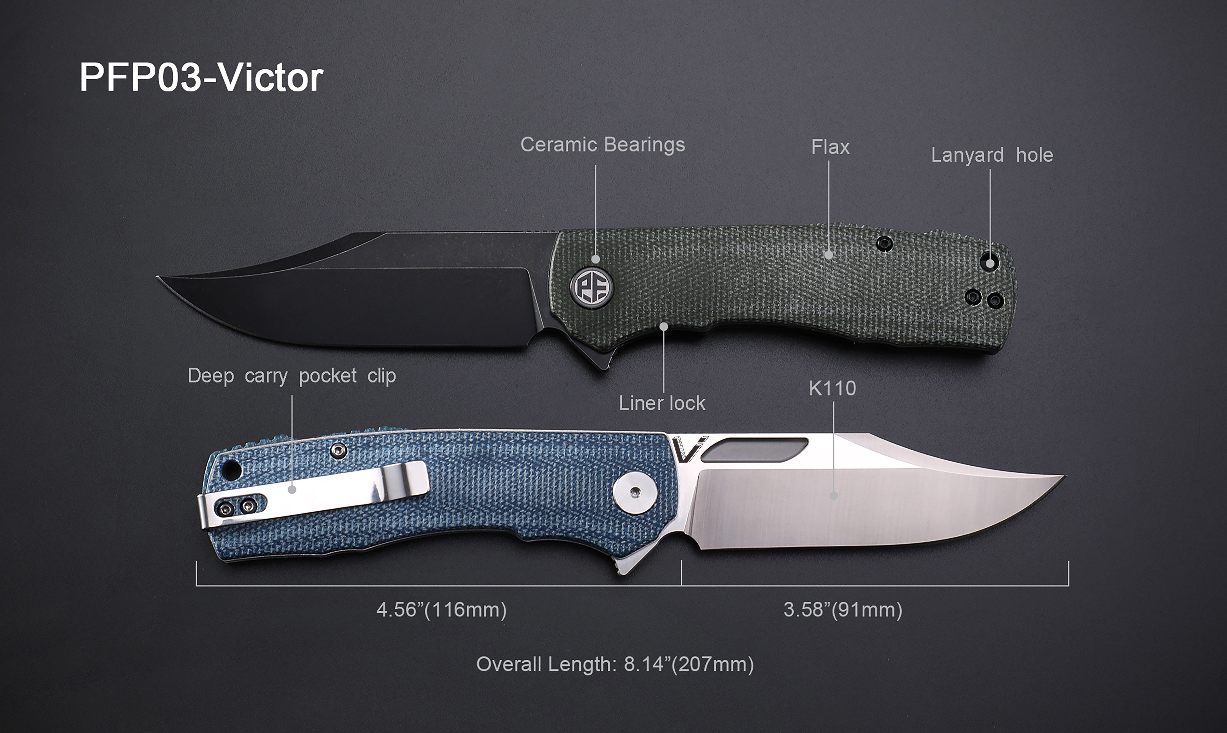 Petrified Fish PFP03 Victor ,3.58" K110 Satin Blade,140g Micarta Handle Flipper Liner lock Folding knife