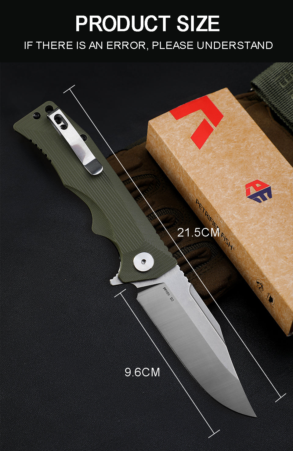 PF959 Petrified fish G10 handle D2 steel hunting knife outdoor survival EDC pocket tool hiking camping diving folding knives