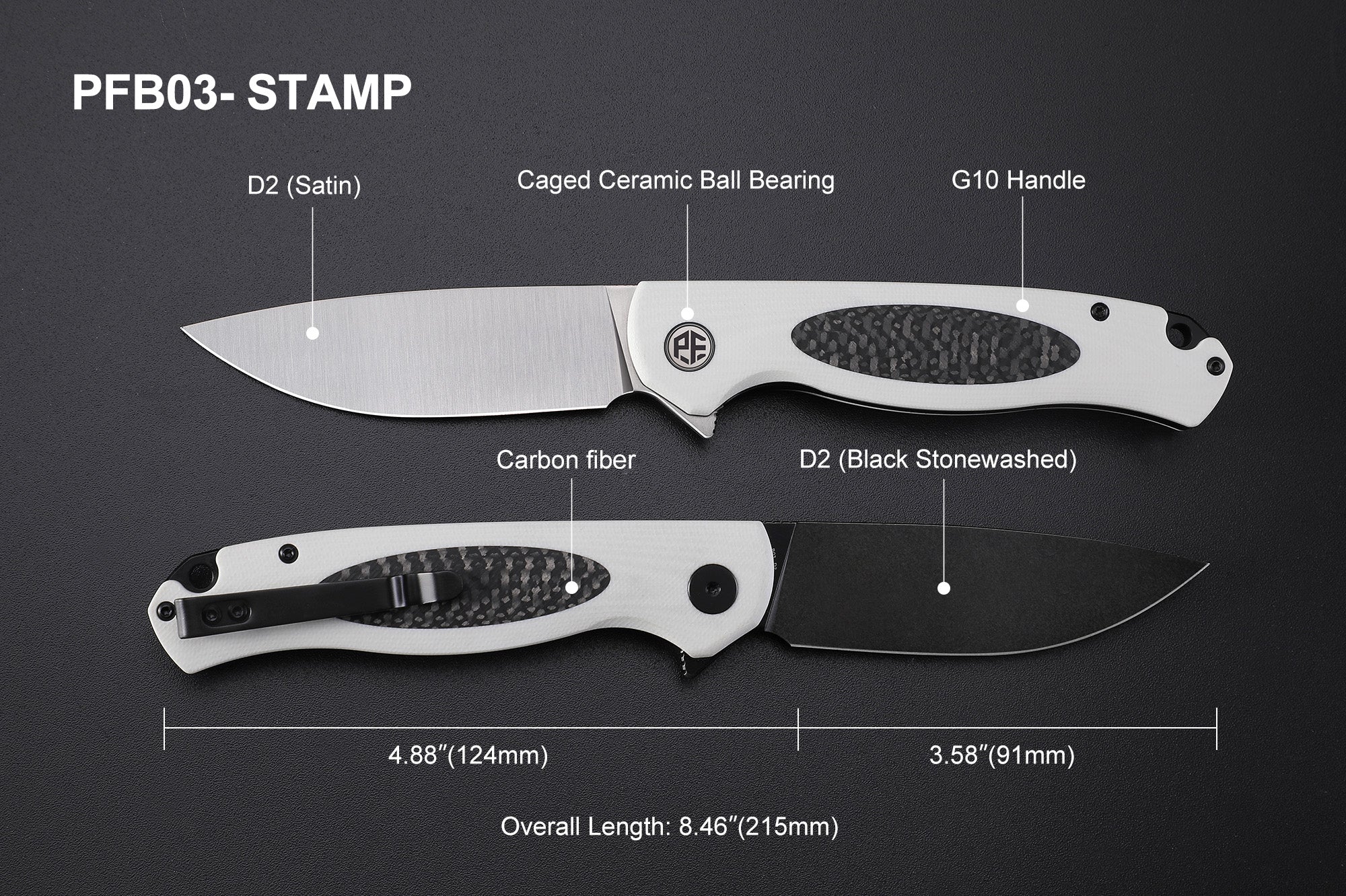 Petrified Fish PFB03 Stamp ,3.58" D2 Satin Blade, 136g G10&Carbon Fiber Handle Flipper Liner lock Folding knife