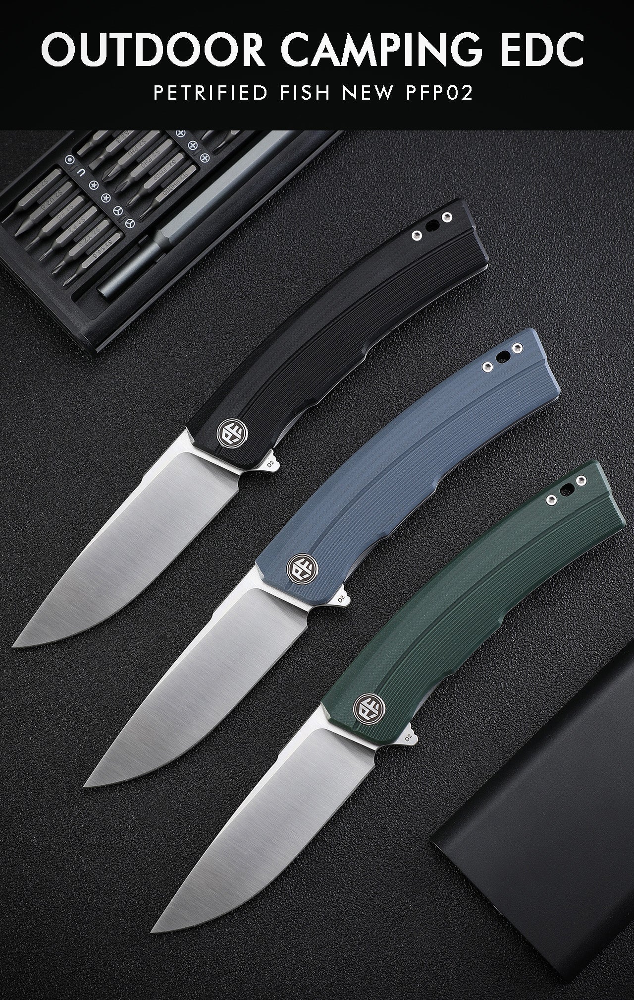 Petrified Fish PFP02 Magazine,3.66“ D2 Satin Blade，G10/Micarta/Carbon Fiber 145g folding Kinfe