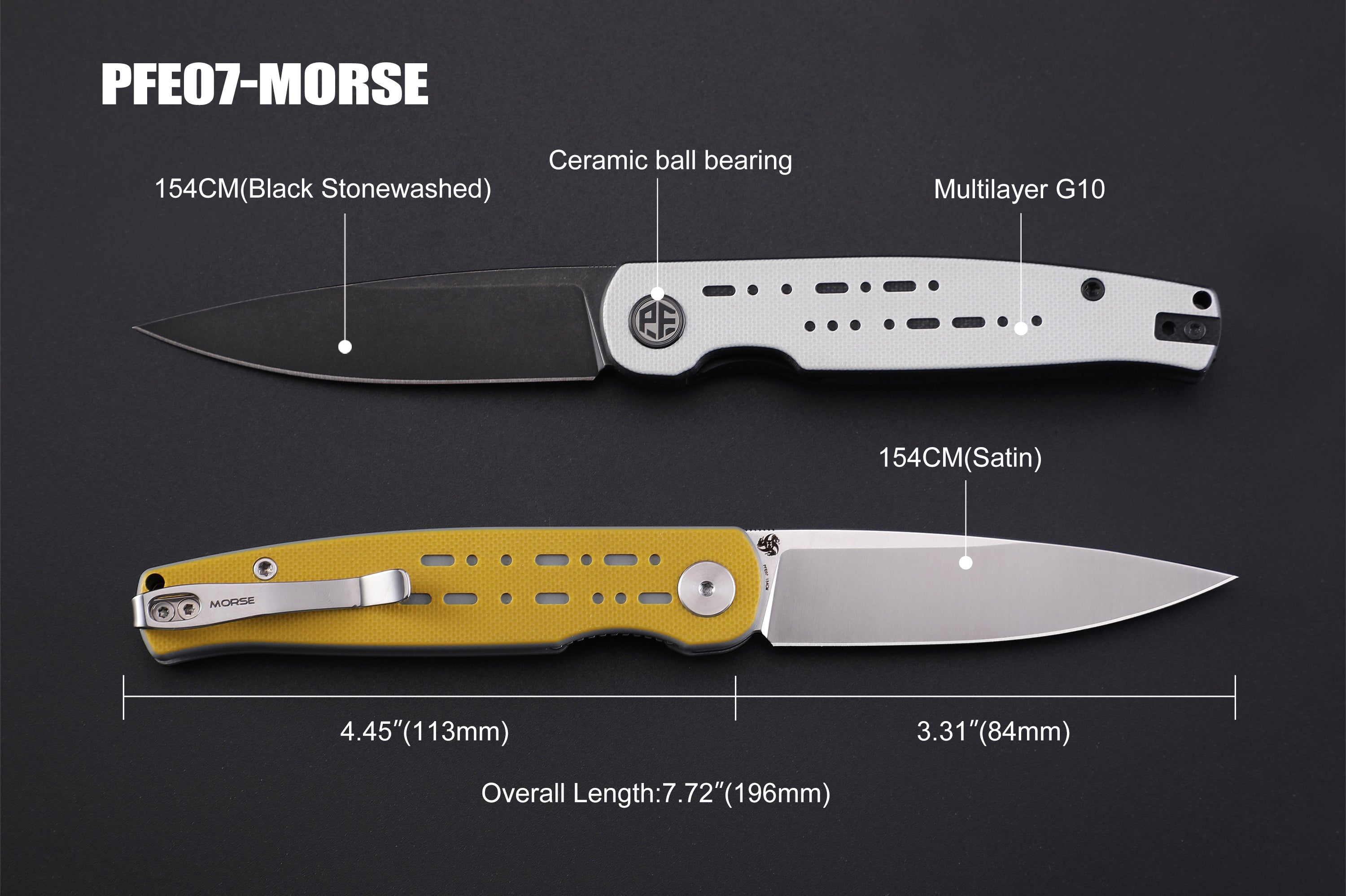 Petrified Fish PFE07 Morse ,3.31" 154CM Satin Blade, 85g G10 Handle Front Flipper Liner lock  Folding knife